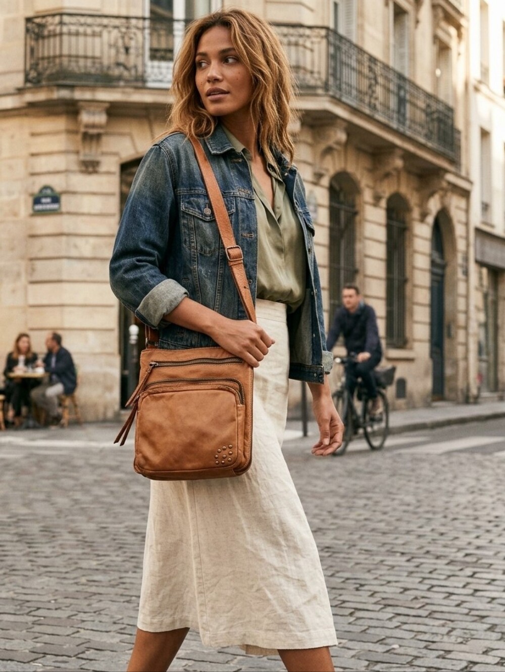MARCO BUGGIANI Genuine Italian Leather Tan Crossbody Bag Studded Accent